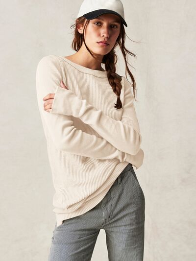 Waffle-Knit Round Neck Long Sleeve Sweater