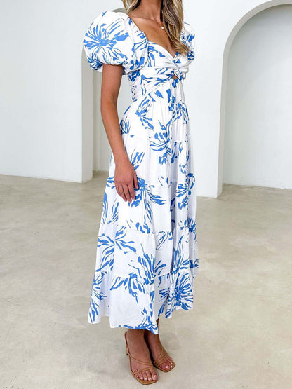 Twisted Printed Puff Sleeve Dress