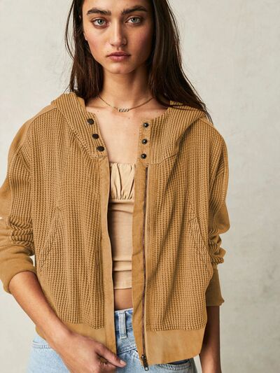 Waffle-Knit Dropped Shoulder Hooded Jacket