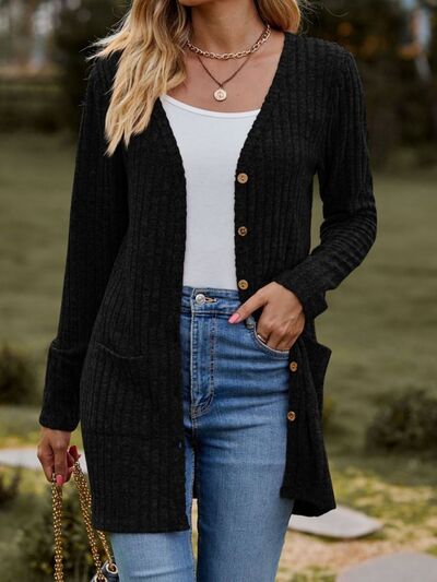 Ribbed Button Up Long Sleeve Cardigan