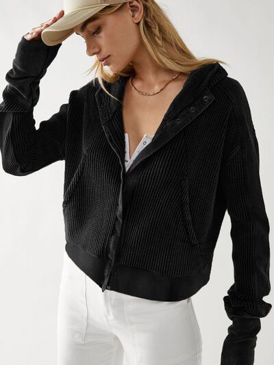 Waffle-Knit Dropped Shoulder Hooded Jacket