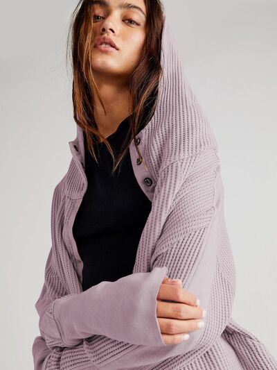 Waffle-Knit Dropped Shoulder Hooded Jacket