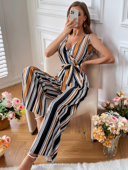 Striped Surplice Neck Sleeveless Wide Leg Jumpsuit