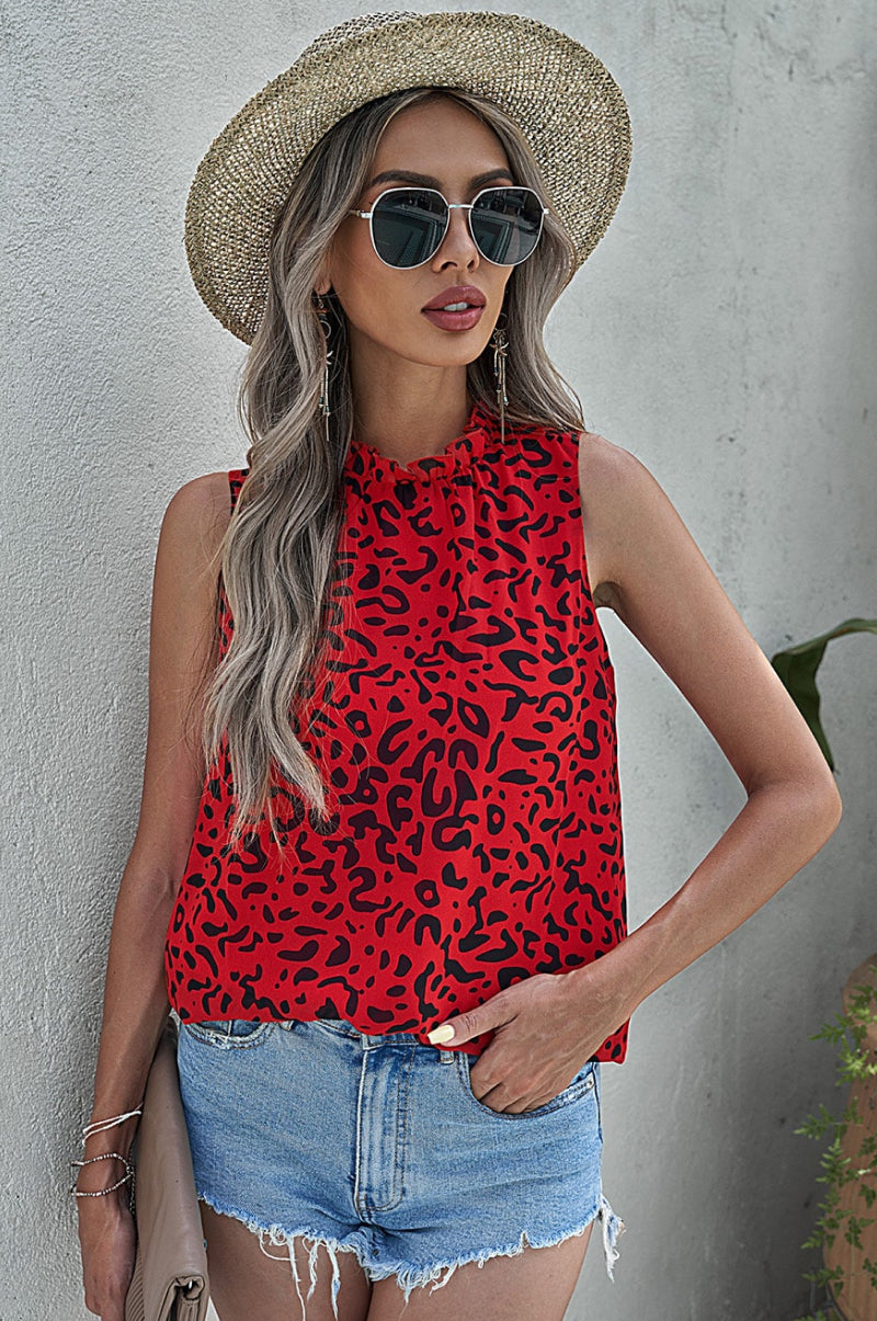 Leopard Print Ruffled Neck Tank Top