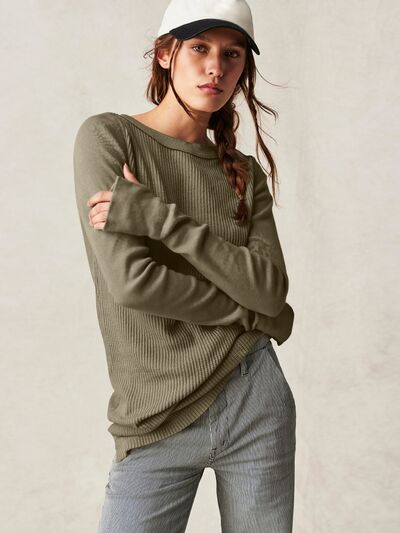 Waffle-Knit Round Neck Long Sleeve Sweater