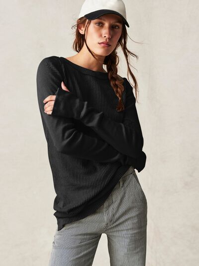 Waffle-Knit Round Neck Long Sleeve Sweater