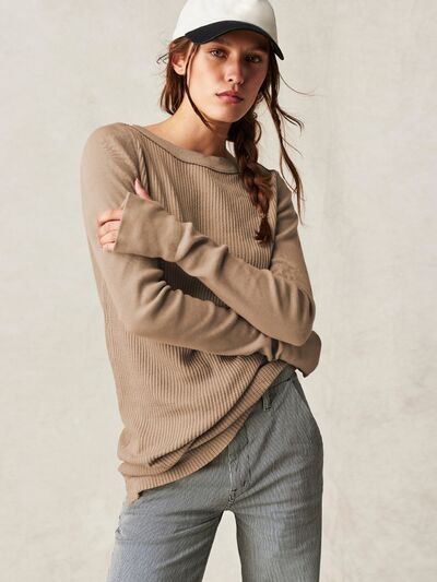 Waffle-Knit Round Neck Long Sleeve Sweater